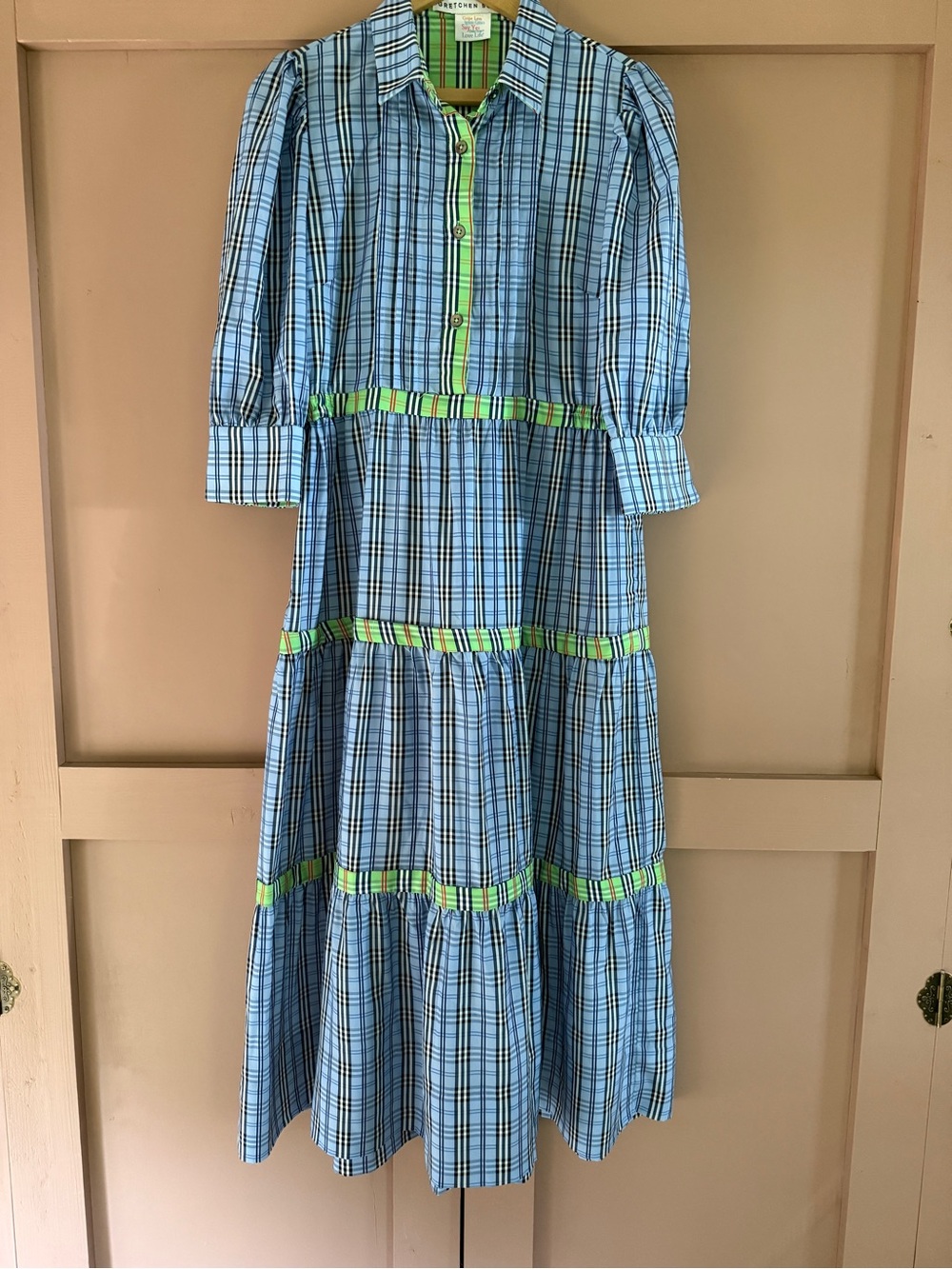 GRETCHEN SCOTT Damsel Tiered MIDI Maxi Dress Women Sz SMALL Blue Plaid Preppy